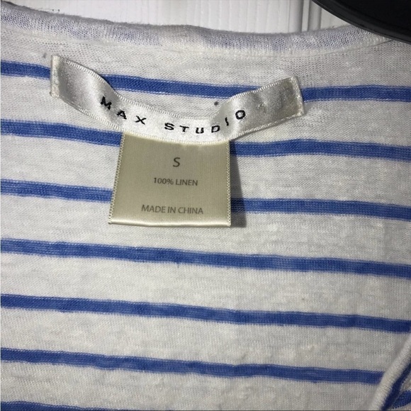Max Studio Linen Crop Top Button Down White Blue Stripes - Picture 6 of 8